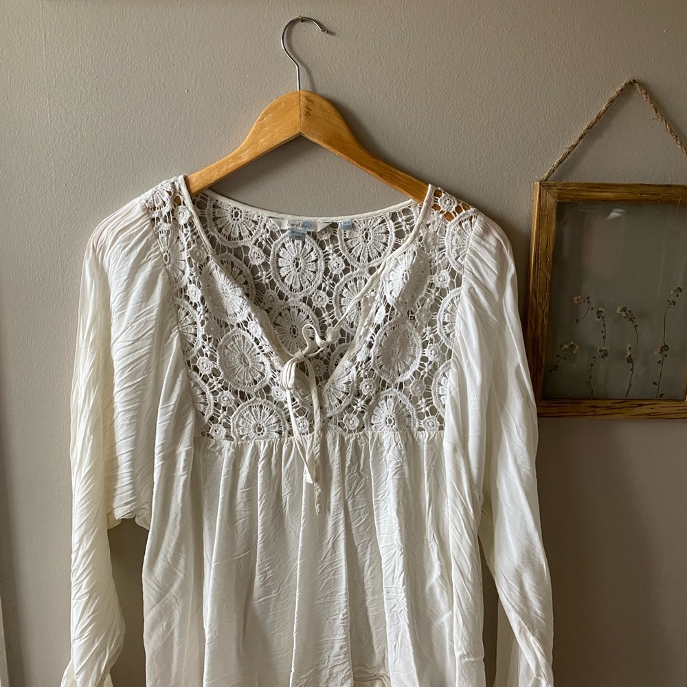 Boden Boho Crochet Lace Peasant Blouse Top | Ivory Cream